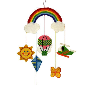 Needlepoint Rainbow Mobile Wall Hanging Vintage 70s Nursery Dimensions Kit #2122